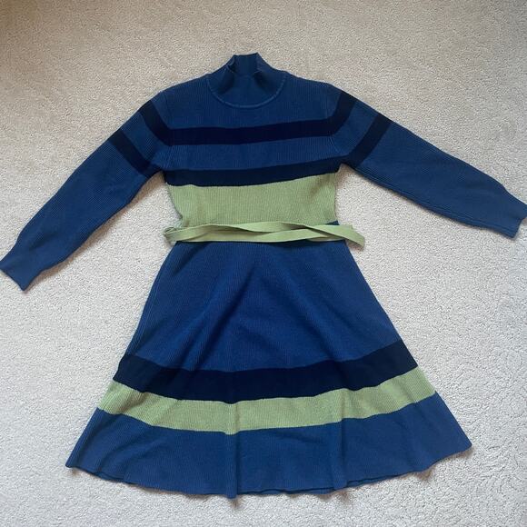 Korean Vintage style Blue Mock Neck Stripe dress - sz S/M - Picture 2 of 2